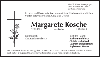 Traueranzeige von Margarete Kosche von Pegnitz-Zeitung